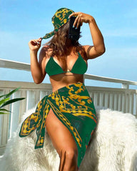 2023 new retro printed bikini swimsuit women's European and American mesh three-piece swimsuit split long skirt bikini