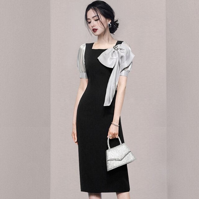 Women's New Contrast Patchwork Vintage Dress Office Lady Chic Bow Slim Bodycon Sheath Pencil Dresses Party