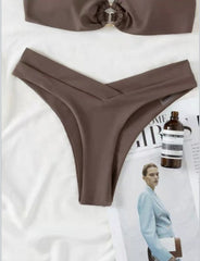 European and American hot style split solid color bikini high waist gather small  women's swimsuit