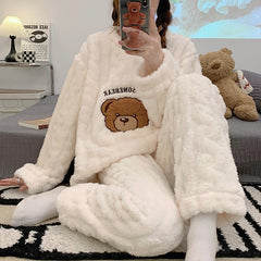 Autumn and winter new thickened plush jacquard pajamas women's round neck pullover sweet student home service
