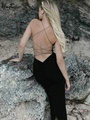 Hugcitar الصلبة أكمام زلة عارية الذراعين الشق مثير Bodycon ميدي فستان حفلة موسيقية الصيف النساء أزياء أنيقة الزي حفل زفاف Y2K 