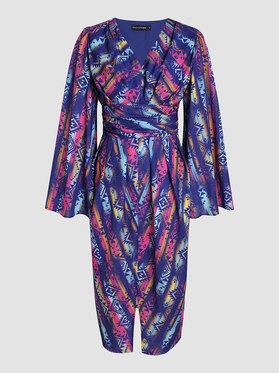 Contrast print waist slit dress