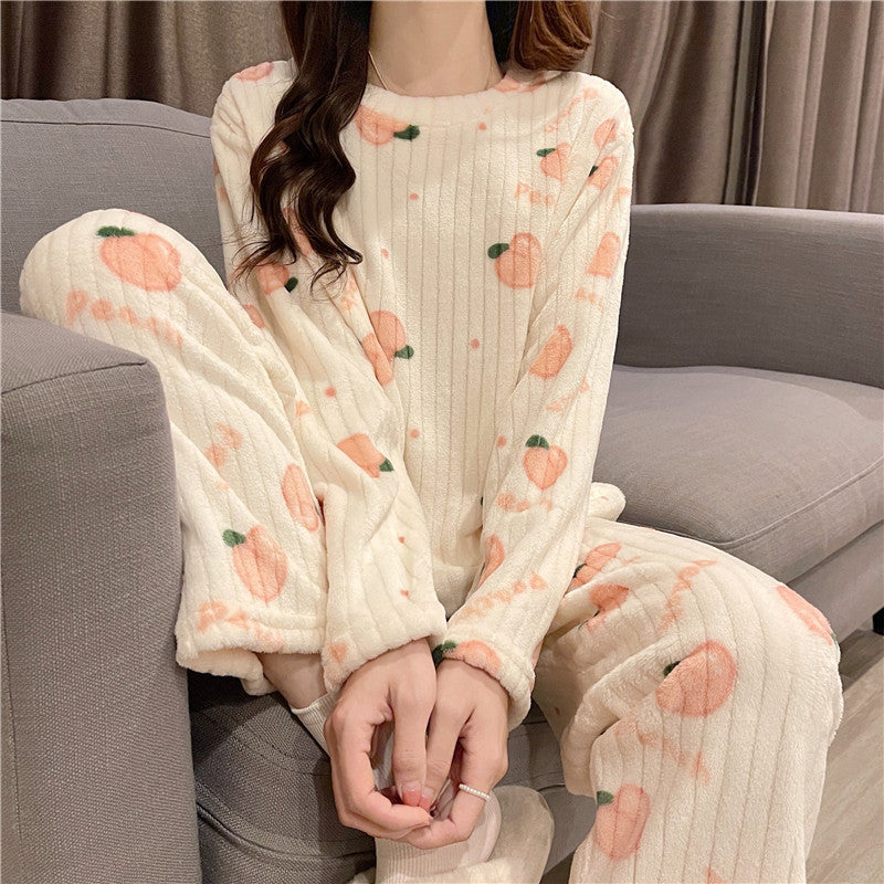 Coral velvet pajamas for women  winter sweet cute long sleeve velvet thickened spring and autumn Flannel housewear suit