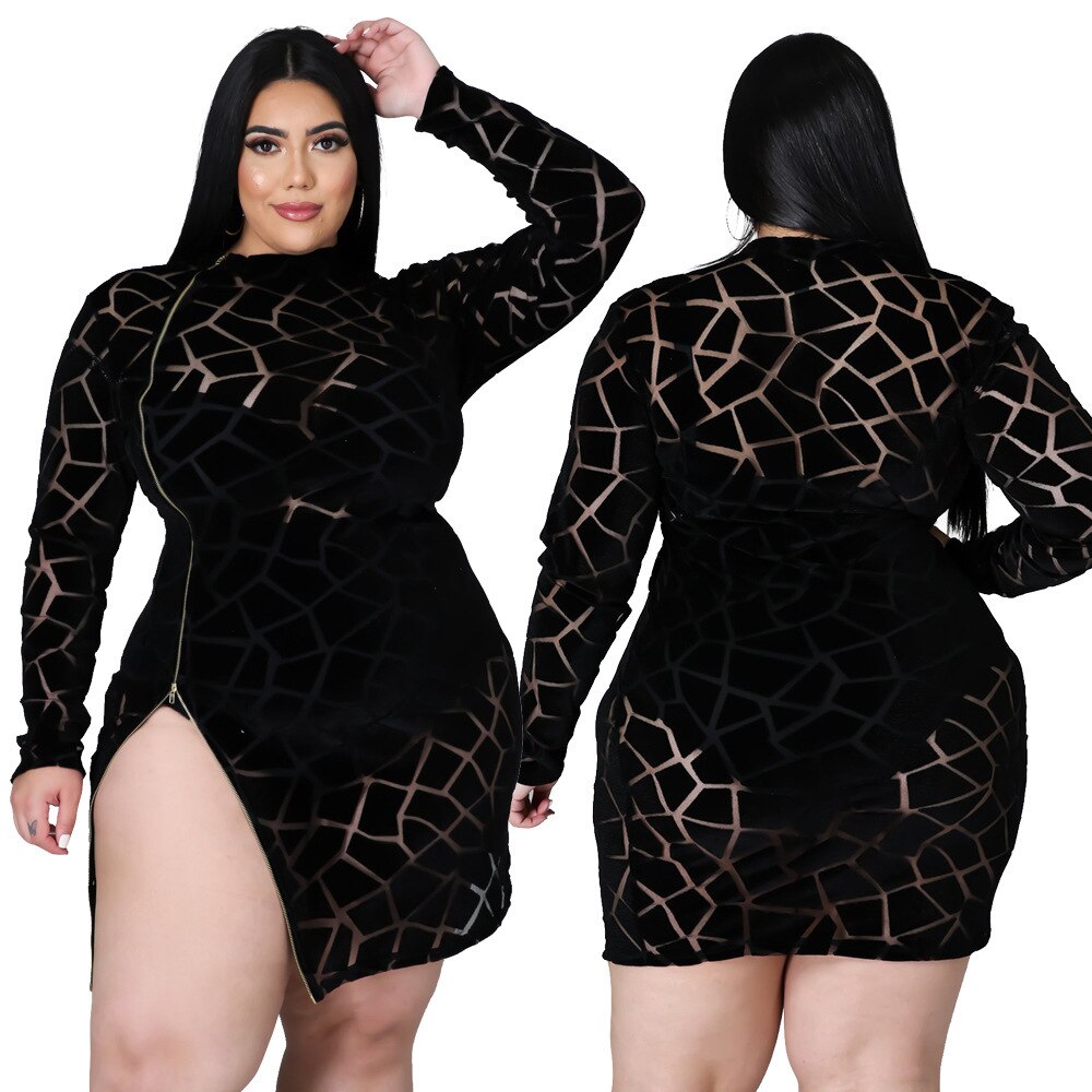 حجم كبير 4xl فستان Bodycon مثير المرأة الخامس الرقبة طويلة الأكمام فساتين السيدات النادي الليلي حفلة شبكة انظر من خلال أنيقة شير