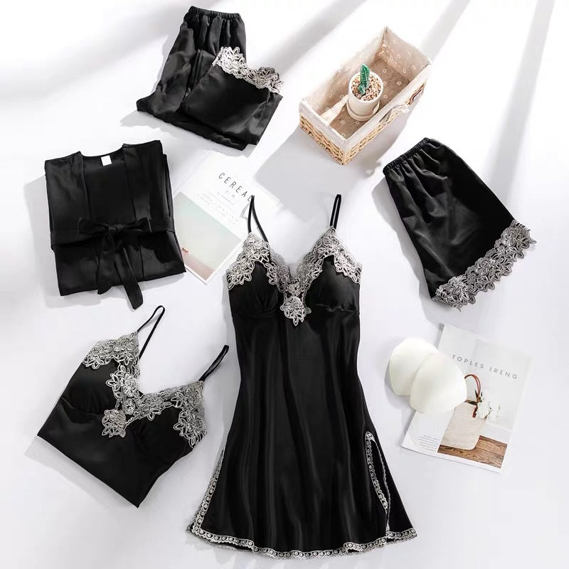 Five-piece pajamas women's summer thin ice silk suspender nightdress nightgown set