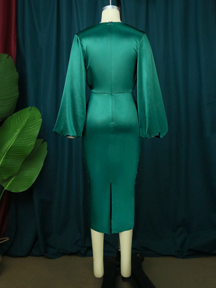 AOMEI Women Shiny Dress Green Long Sleeve Bodycon Satin Folds Midi Elegant Big Size Evening Christmas Party Birthday Outfits New