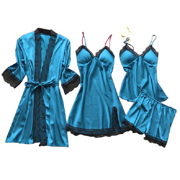 Lace Up Lingerie Pajamas Set Nightdress Women Long Silk Dressing Gown Bath Robe Sleep Wear Four piece Suit Sleepwear