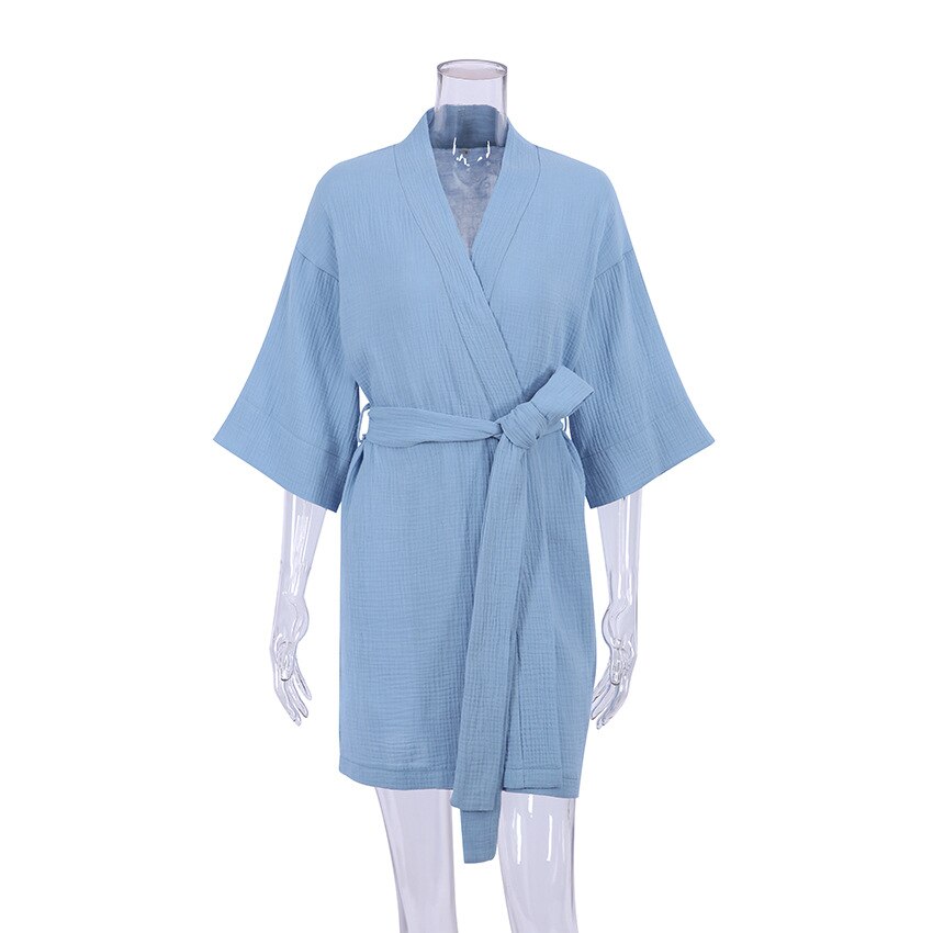 Crape Cotton Robe Women's Nightwear Mini Bathrobes Lace Up Sleepwear Muslin Women'S Home Clothes Solid Color Robes Women Nightie