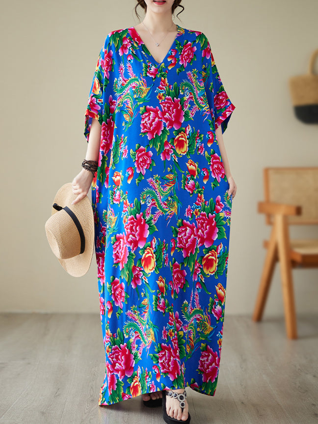 Women's summer V-neck cotton silk large size loose literary holiday style beach dress retro meat-covering long robe
