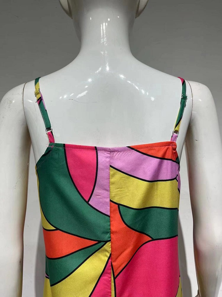 2023 الربيع والصيف الأوروبية والأمريكية الجديدة ركاب نمط فستان فرنسي عميق الخامس الرقبة عارية الذراعين الحمالات فستان مُزين بطباعة 