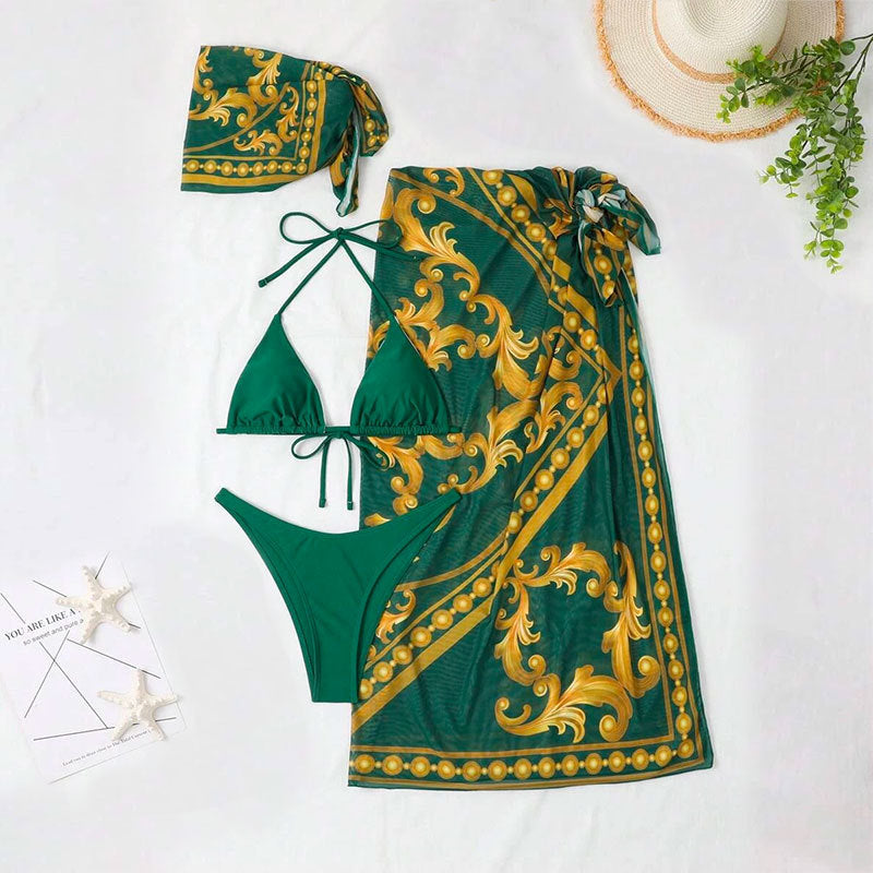 2023 new retro printed bikini swimsuit women's European and American mesh three-piece swimsuit split long skirt bikini