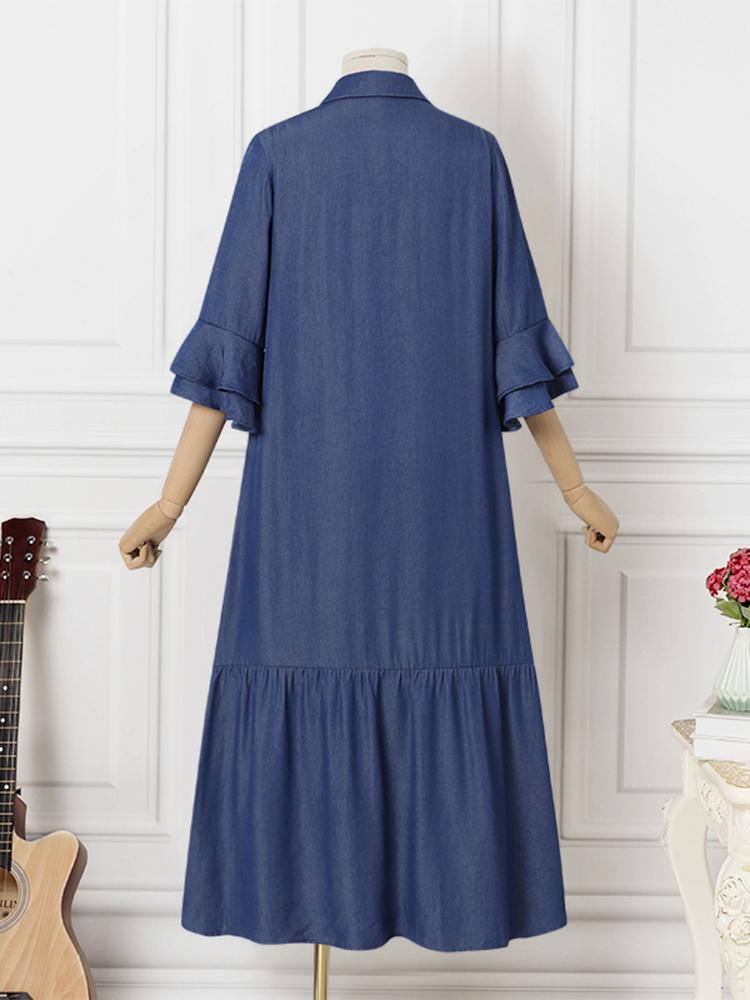 ZANZEA Women Elegant Dresses Solid Turn-Down-Collar Three Quarter Sleeves Calf Length Dress Fashion Holiday Casual Loose Ladies Vestido Plus Size