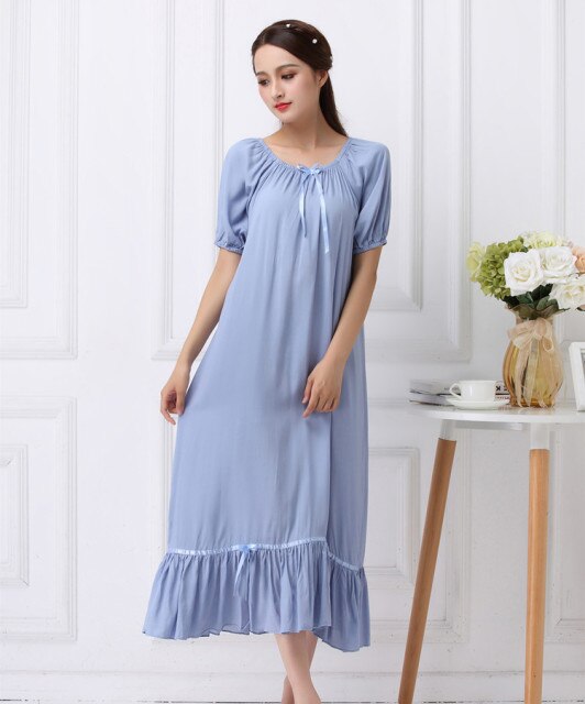 Summer Cotton Nightdress Women Korea Style Elastic Collar Short Sleeve  Long Dresses Nightgown Sleepwear Homewear Female