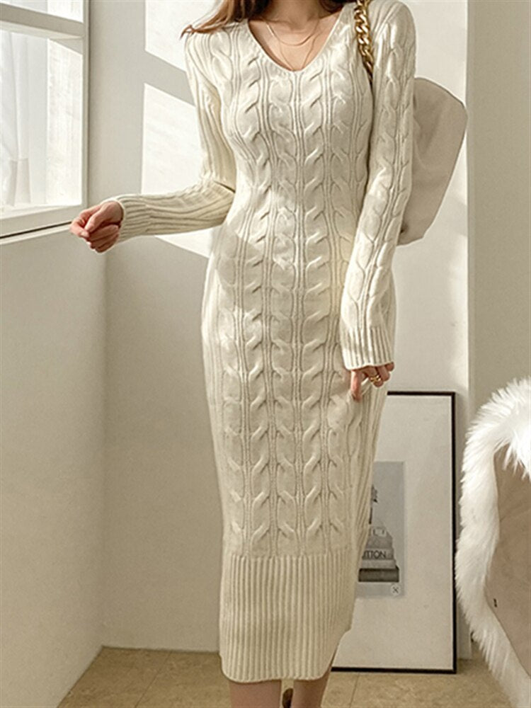 Woman Warm Korean Sweater Dress Women 2022 Elegant Knitted Dresses Winter Autumn Thick Vintage Solid Clothing Bodycon Vestido