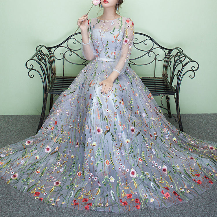 Ladies Long Round Neck Embroidered Flowers Banquet Evening Dress Fashion Party Dress Long Sleeve Dress