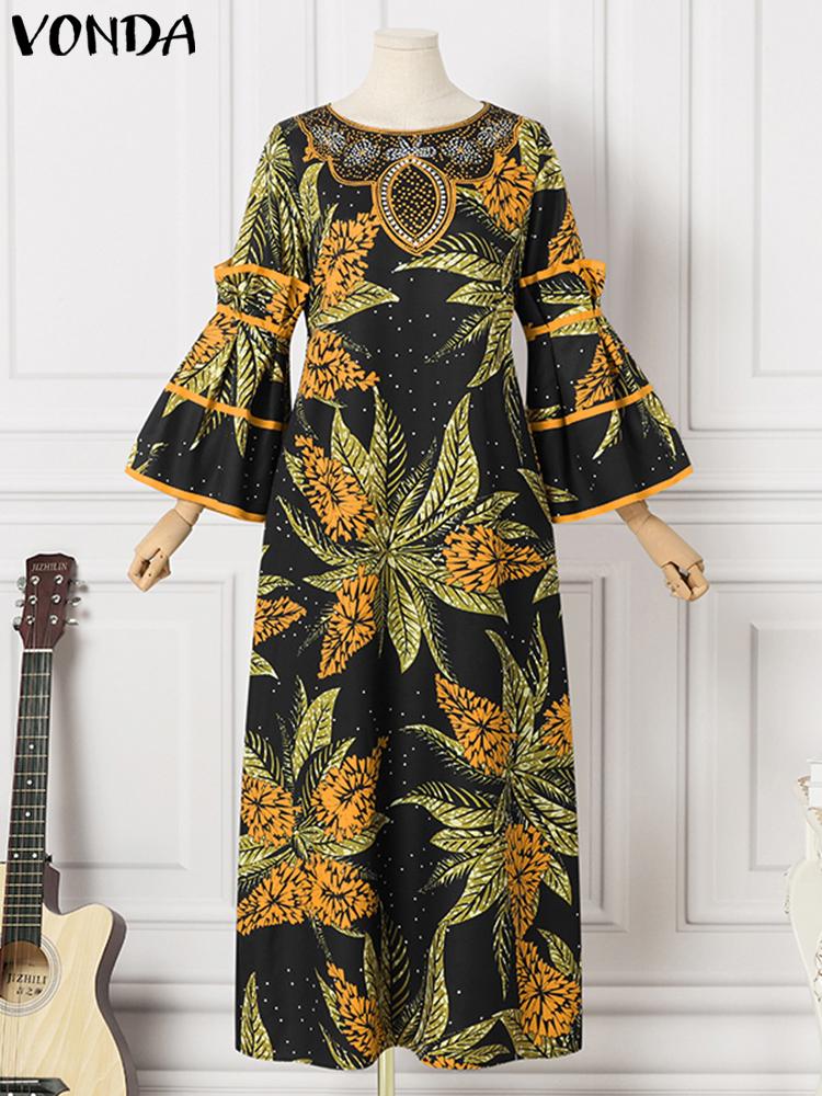 فوندا فساتين نسائية بوهو كلاسيكية مطبوعة بنمط عشوائي فساتين طويلة طويلة مكشكشة غير رسمية فضفاضة ورقبة دائرية وأكمام طويلة مرقعة