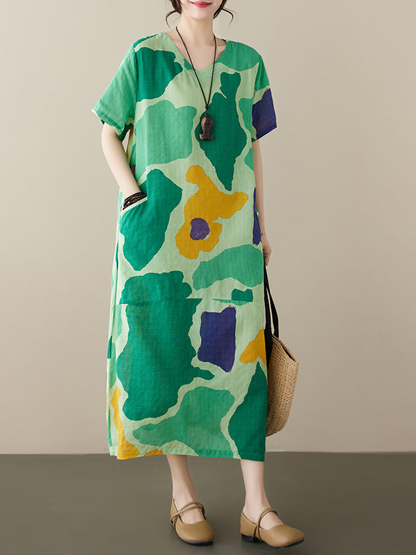 Women's summer new cotton and linen printed short-sleeved dress retro style age-reducing large size pullover V-neck mid-length skirt