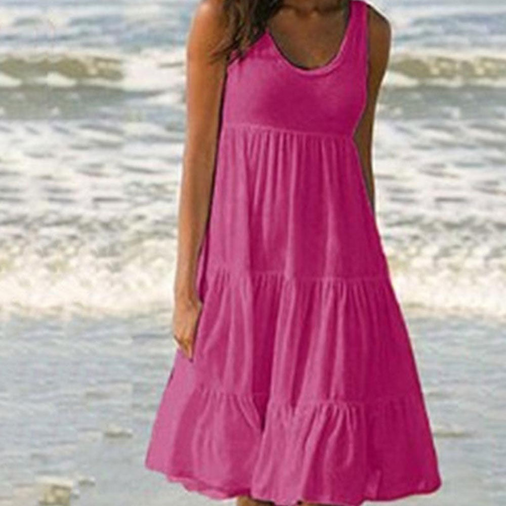 Womenl O Neck Sleeveless Ruffles Mini Dress Boho Solid Beach Sundress Oversized Loose Dress 2023 Summer