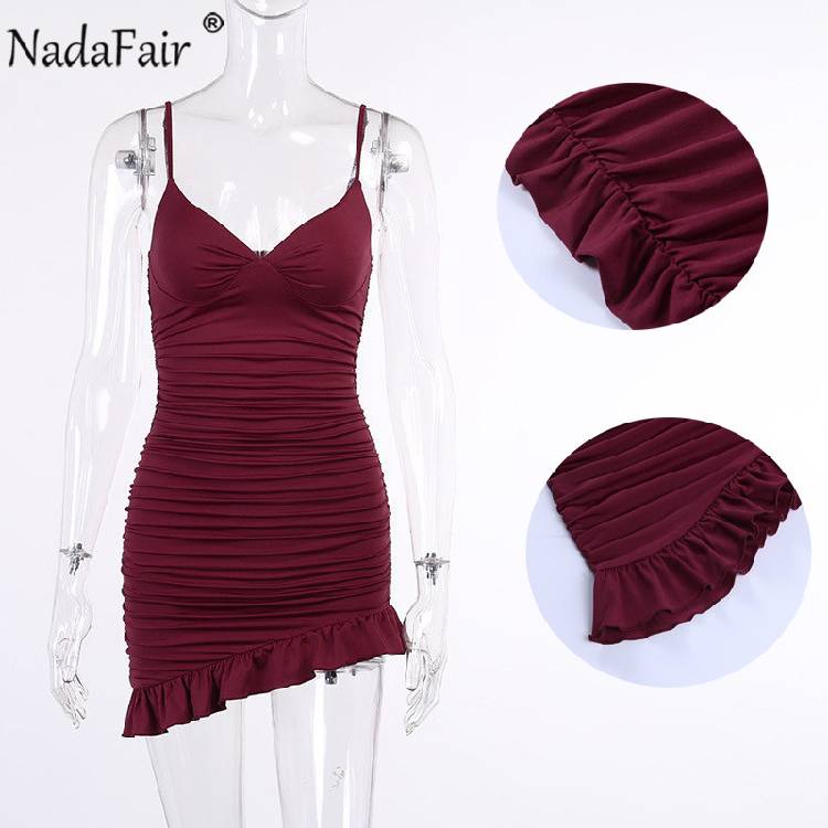 Nadafair Ruffles Dress Women Summer Party Clubwear 2021 Spaghetti Strap Ruched Bandage Mini Short Bodycon Women‘s Dress