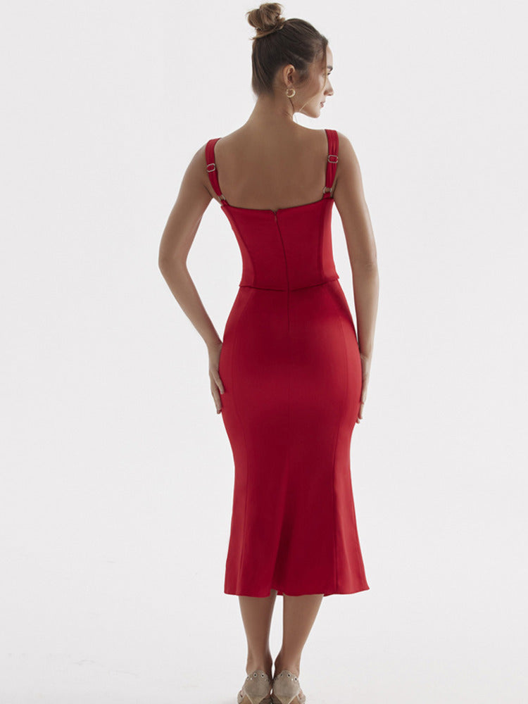 Mozision Elegant Spaghetti Strap Backless Midi Dress Women Robe 2023 New Sleeveless Lace-up Bodycon Party Long Dress Vestido