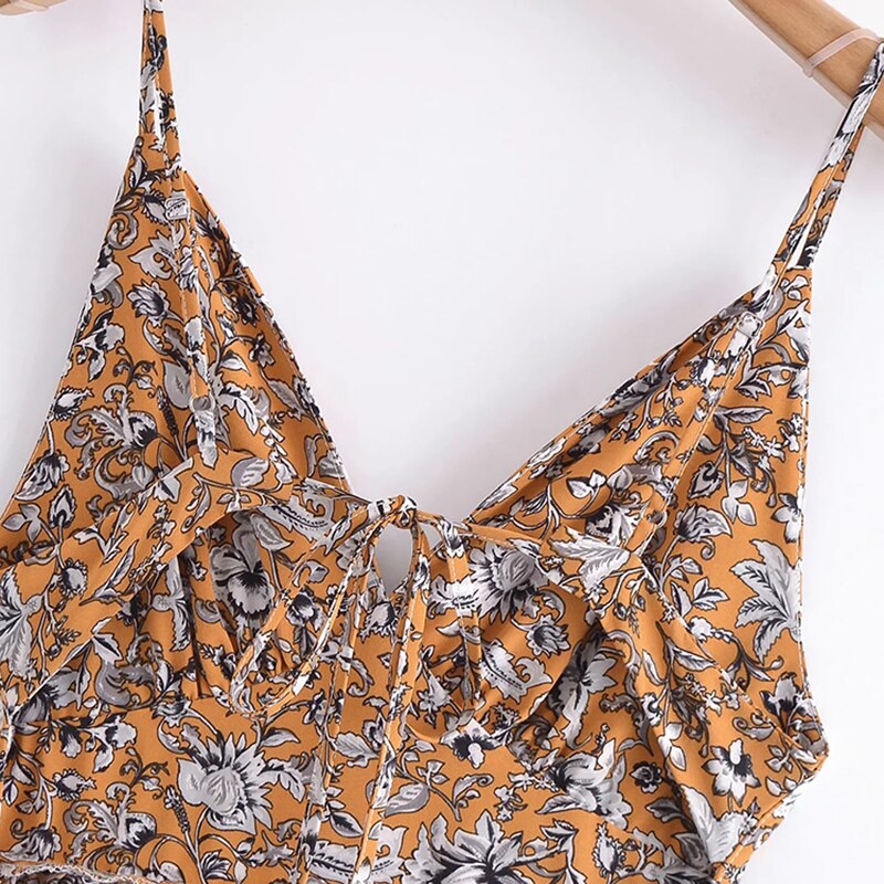 فستان نسائي بوهو ستايل مطبوع عليه زهور أنيق بياقة على شكل V بدون أكمام فستان حفلات بدون ظهر للسيدات فستان بحزام سباغيتي غير رسمي 