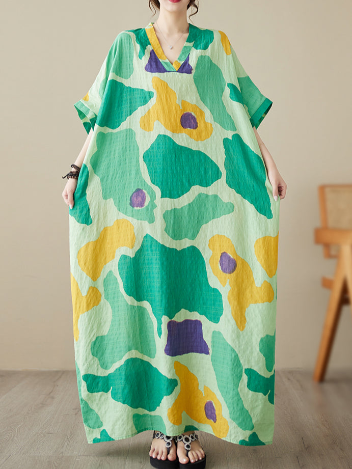 Women's Summer V-neck Thin Cotton Linen Dress Large Size  Literary Vacation Style Beach Skirt Retro Covering Meat Long Robe