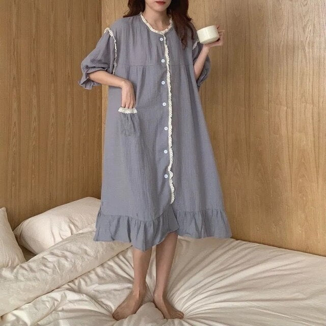 QWEEK Cotton Sleepwear Women Korean Nightdress Autumn Long Dress Nightgown Lace Nightie Long Sleeve Nightwear Female Loungwear
