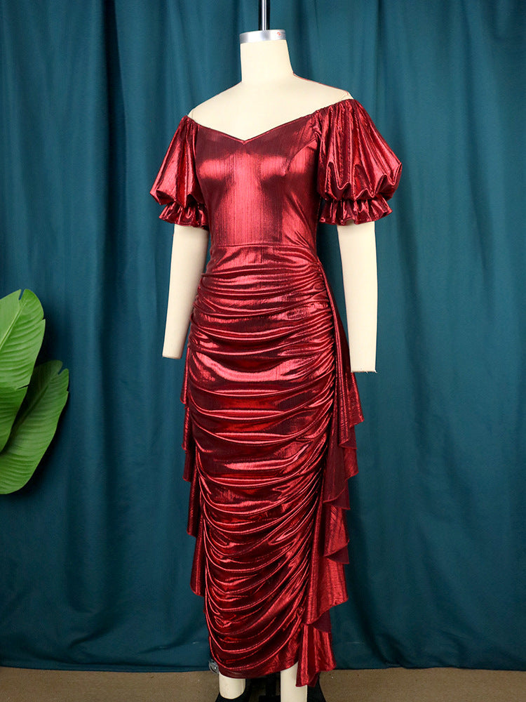 Women Shiny Party Long Dress Folds Short Lantern Sleeves Christmas Glitter Luxury Bodycon Elegant Sexy Prom Wedding Evening Gown