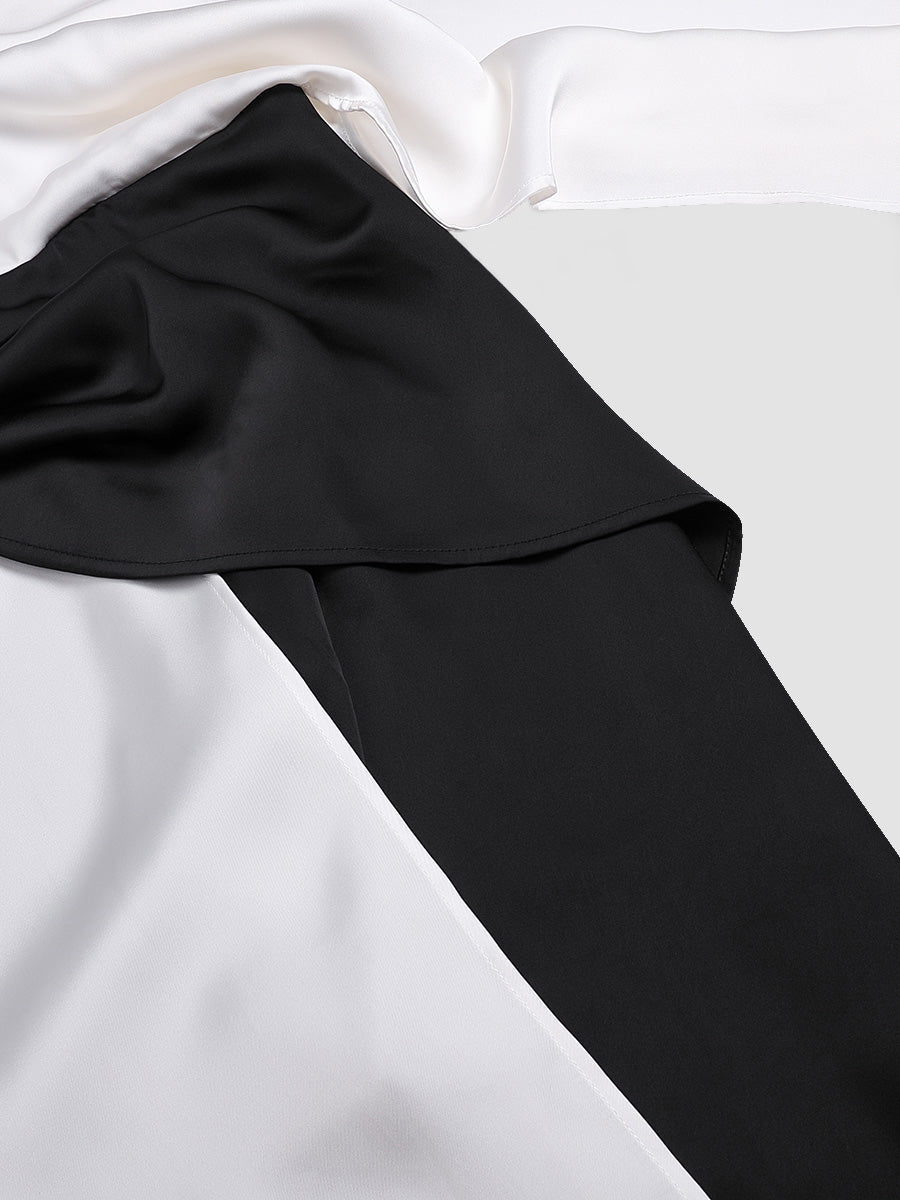 Elegant satin dress with black and white contrast stitching