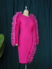 AOMEI Pink Party Dress Women Elegant Long Sleeve Tulle Ruffle Mini Sweet Bodycon Short Wedding Guest Birthday Club Outfits 2022