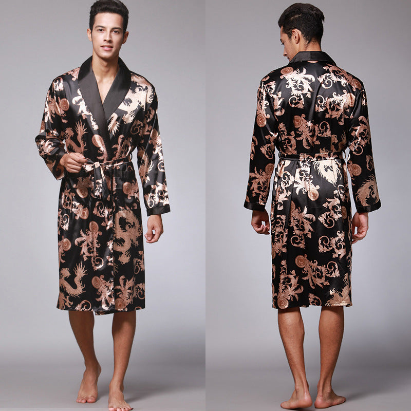 New ice silk men's long-sleeved nightgown bathrobe home clothes