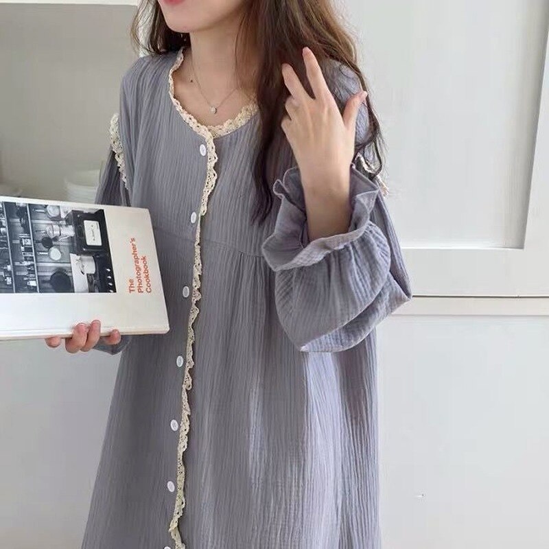 QWEEK Cotton Sleepwear Women Korean Nightdress Autumn Long Dress Nightgown Lace Nightie Long Sleeve Nightwear Female Loungwear