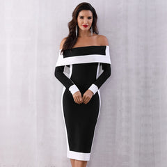 Sexy Off Shoulder Slash Neck Bodycon Dress Patchwork Black White Runway Evening Party Dress Women Elegant Nightclub Pencil Dress