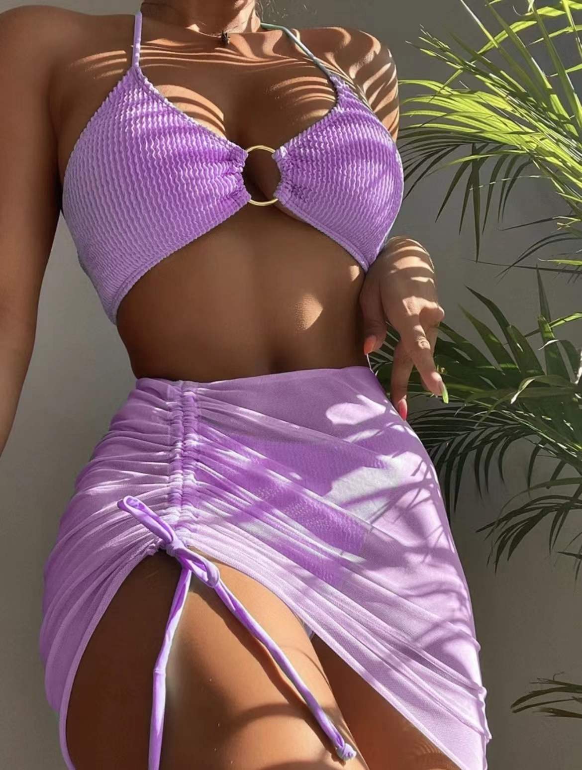 European and American Style Two-piece Swimsuit Female Slim Solid Color Sexy Swimsuit Halter Neck Three-piece Bikini