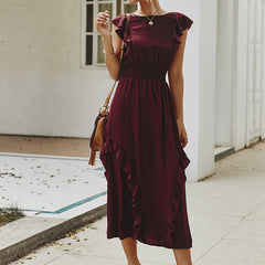 فستان صيفي نسائي أنيق ماكسي فستان موضة دوت طباعة رقبة دائرية مكشكشة كم قصير فستان الشمس فستان طويل رداء بوهو فستان الحفلات والنوادي ملابس الشاطئ 