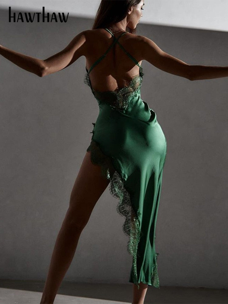 Women Sexy Lace Party Club Backless Bodycon Stain Black Straps Midi Dress 2022 Summer Clothes