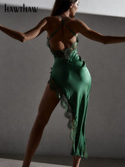 Women Sexy Lace Party Club Backless Bodycon Stain Black Straps Midi Dress 2022 Summer Clothes