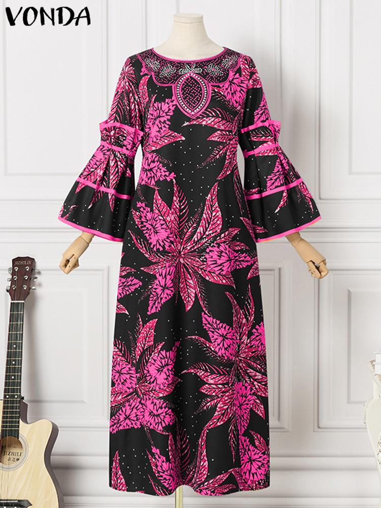 فوندا فساتين نسائية بوهو كلاسيكية مطبوعة بنمط عشوائي فساتين طويلة طويلة مكشكشة غير رسمية فضفاضة ورقبة دائرية وأكمام طويلة مرقعة