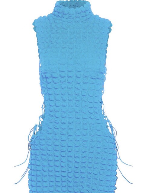 Stunning Stacked Mini Dress Women Sexy Solid Mock Neck Sleeveless Draw String Bodycon Party Clubwear Elegant Female Skirt