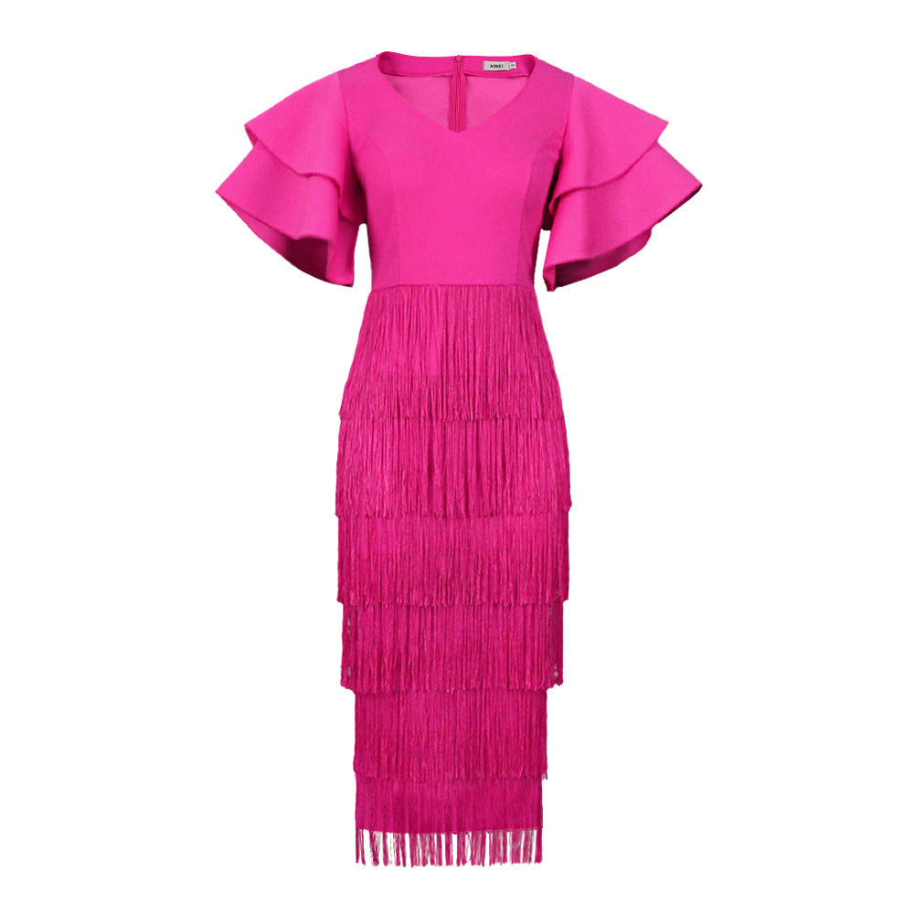 Women Tassel Dress V Neck Fringe Bodycon Slim Party Ruffles Sleeves Spring Celebrate Elegant Fashion Prom Lady Package Hip Gown