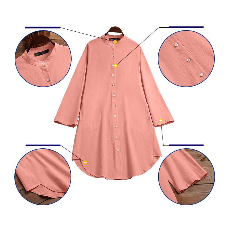 Women Solid Long Tops White Lapel Blusas Fashion Cotton Linen Blouse OL Tunic ZANZEA Casual Baggy Shirts
