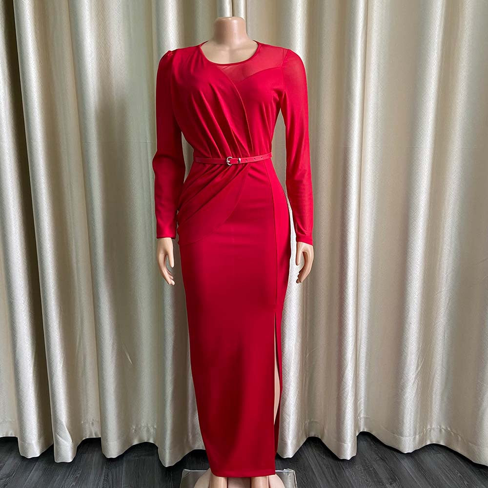 See Through Long Sleeve Tulle Ruffle Slit Long Maxi Dresse 2022 Summer Evening Party Dress Women Irregular Slim Bodycon Dress