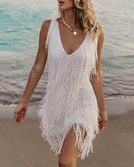 European and American dress women's sexy tassel V-neck slim dress