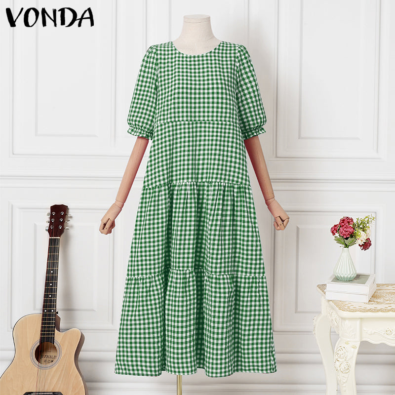 VONDA Elegant Dresses For Women 2022 Lattice Short Puff Sleeve O Neck Pleated A-Line Vestidos Bohemian Party Casual Summer Plus Size Long Dresses