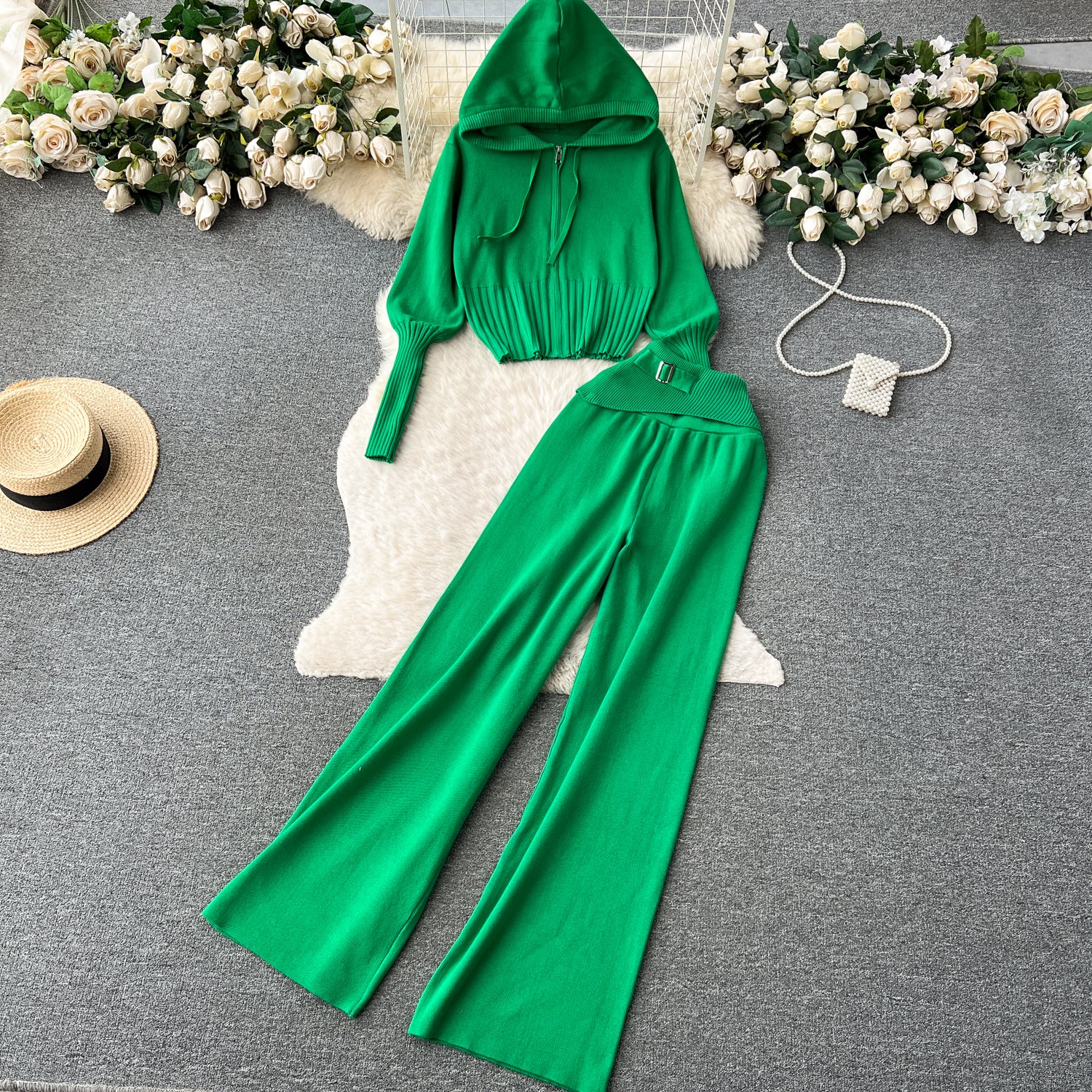 Autumn and winter European and American style minimalist solid color  hooded top +  waisted  trousers casual two-piece set