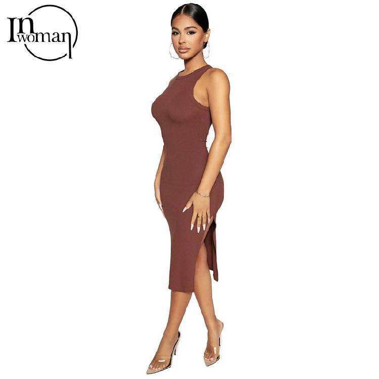 INWOMAN Summer Bodycon Dresses For Women 2021 Sundress Black White Dress Ribbed Knitted Short Wrap Party Ladies Midi Dress