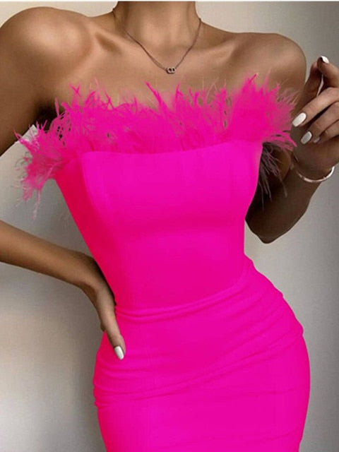 New Summer Sexy Strapless Backless Feather Black Midi Women Bodycon Bandage Dress 2022 Designer Fashion Party Club Dress