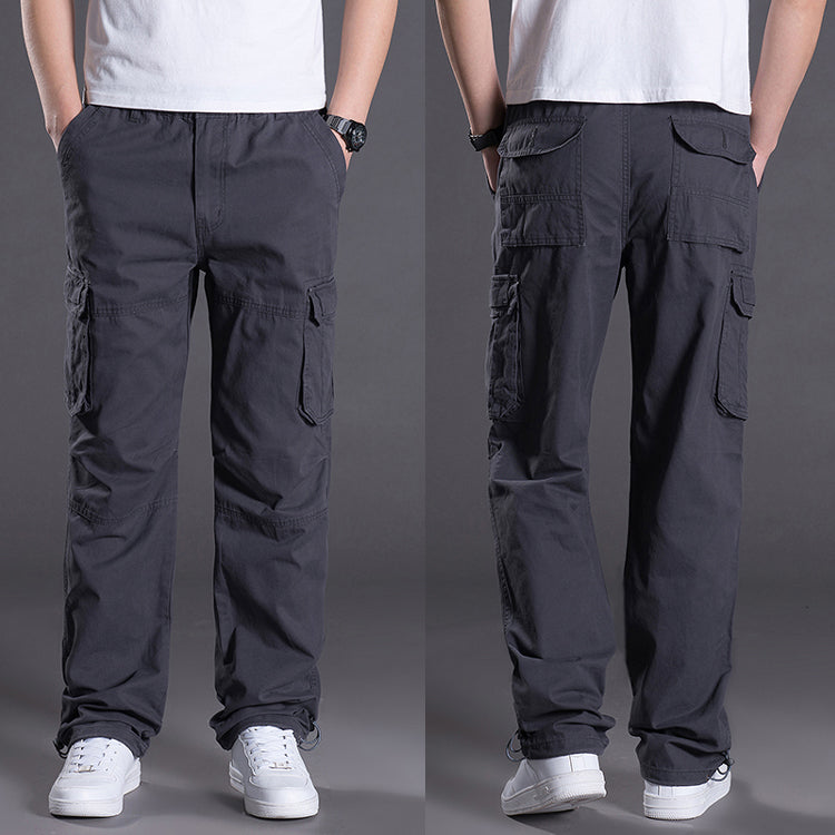 New men's adjustable adjustable pants, men's pants, loose casual trousers, outdoor hiking adventure overalls, large pockets, pure cotton.