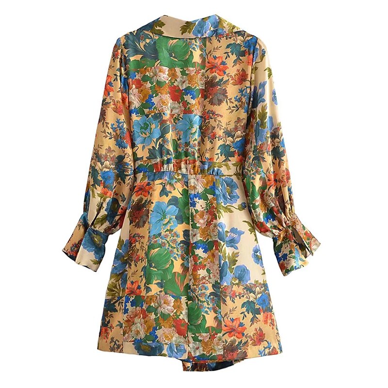 فساتين نسائية بوهو ستايل قصيرة مطبوعة بالزهور أنيقة على شكل حرف V وأكمام طويلة وربطة عنق على شكل فيونكة فساتين نسائية أنيقة للحفلات 