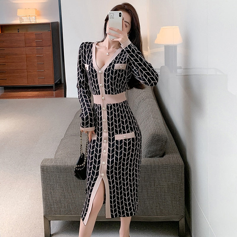 Fashion Women Vintage V-Neck Single-breasted Midi Knitted Dress Elegant Streetwear Plaid Bodycon Skinny Sweater Female Dress